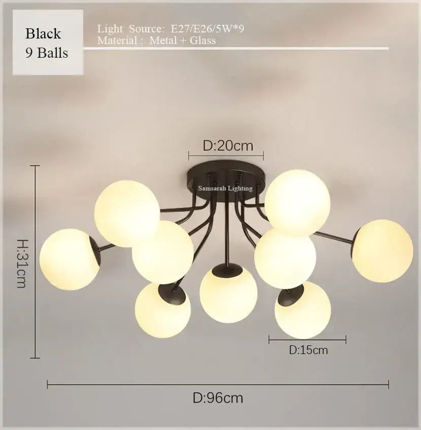 Decorbites glass ball ceiling chandelier pendant lamp with black metal frame and nine frosted glass ball bulbs
