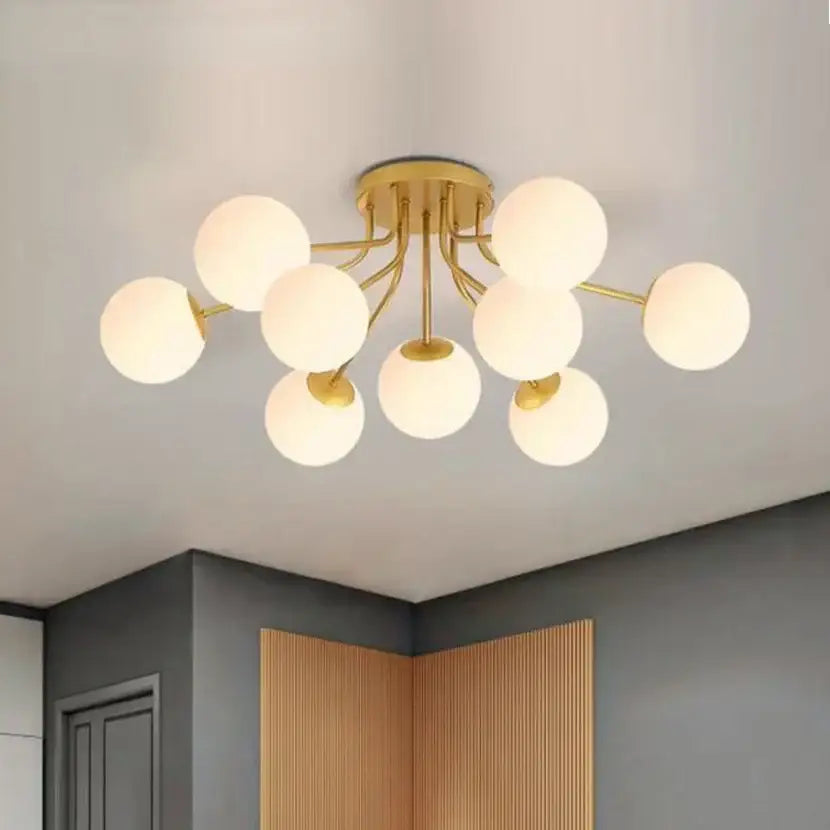 Gold-toned decorbites glass ball ceiling chandelier pendant lamp with multiple frosted glass globe bulbs for living room