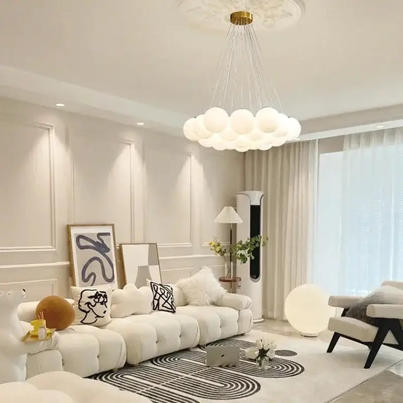 Decorbites glass ball pendant lights with white spherical bulbs and gold-toned ceiling fixture for home decor