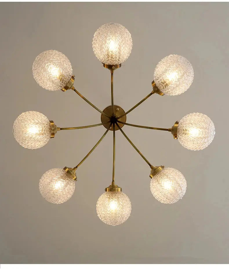 Brass ceiling light with eight textured glass globe shades decorbites glass ball ceiling for modern living spaces