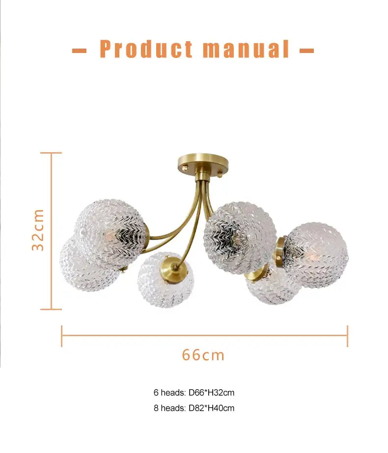 Brass-finished decorbites glass ball ceiling light with six textured glass globe shades for modern interiors