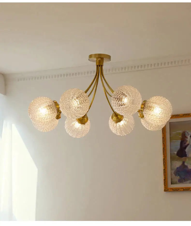 Brass-finished decorbites glass ball ceiling light with six textured frosted glass globe shades for modern interiors