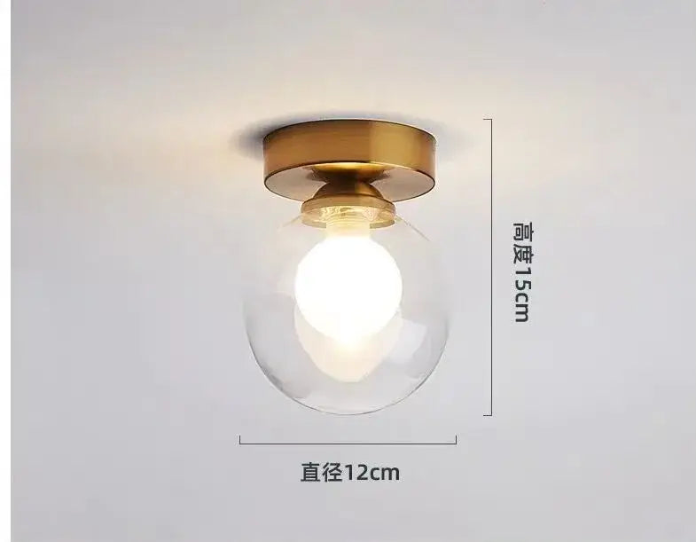 Modern brass-finished decorbites glass ball ceiling light with clear glass globe and illuminated bulb for home decor