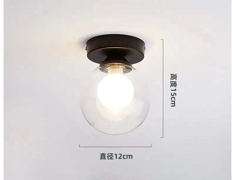 DecorBites glass ball ceiling light with a clear glass globe and warm glow on a matte black base for modern decor