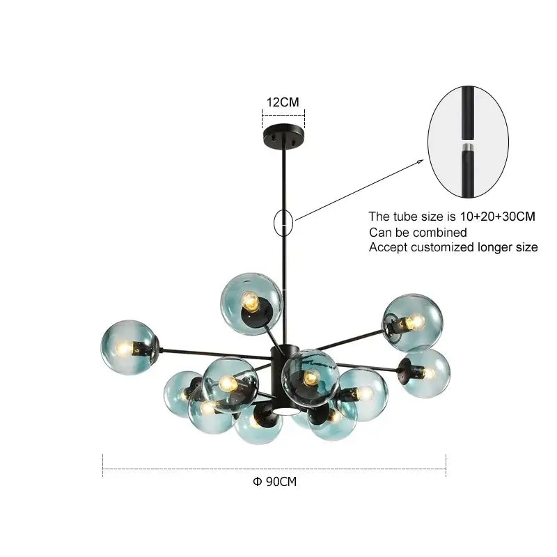 Modern decorbites glass ball chandelier with black metal frame and teal glass spheres for dining room lighting