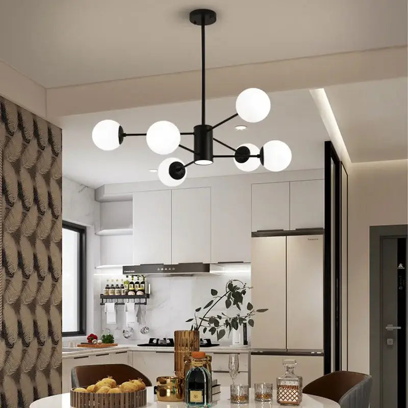 Black metal decorbites glass ball chandelier with six frosted glass globes for dining room pendant lighting