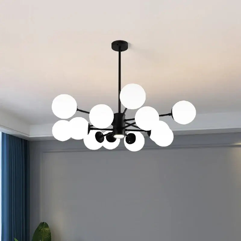 Modern black metal decorbites glass ball chandelier with frosted white spherical glass globes for dining room lighting