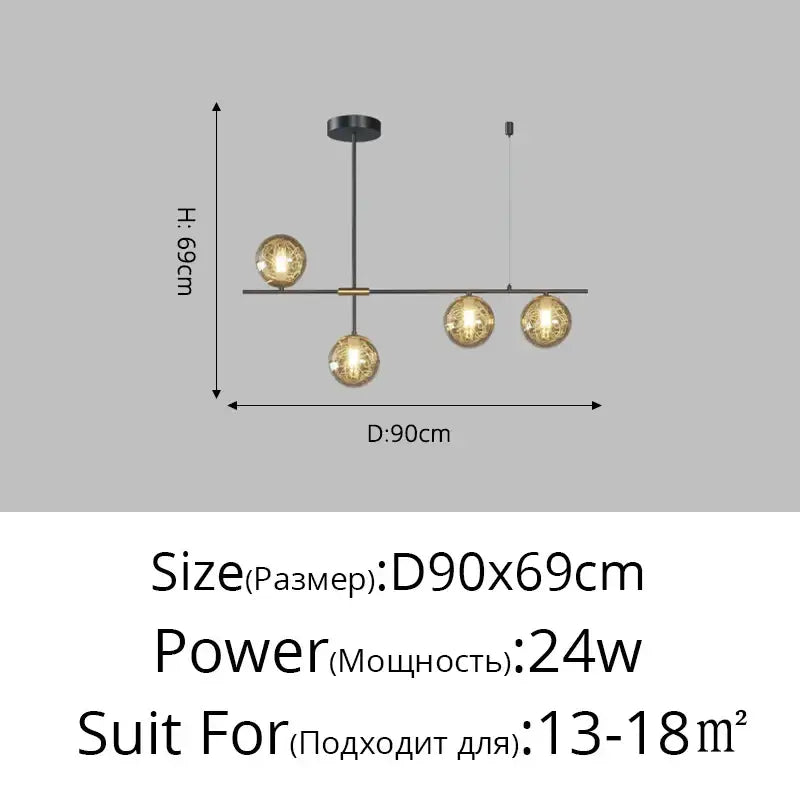 Modern minimalist DecorBites glass ball chandelier with four warm glass globes on black metal arms for ceiling lighting