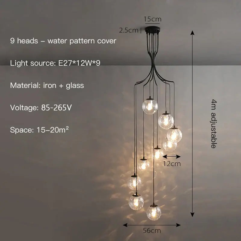 Decorbites glass ball black iron and glass ball chandelier ceiling pendant with nine spherical bulbs for living dining room