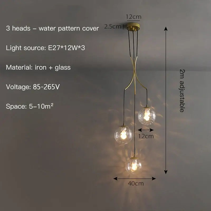 Decorbites glass ball chandelier ceiling pendant with brass-toned iron frame and three spherical glass bulbs with water pattern cover