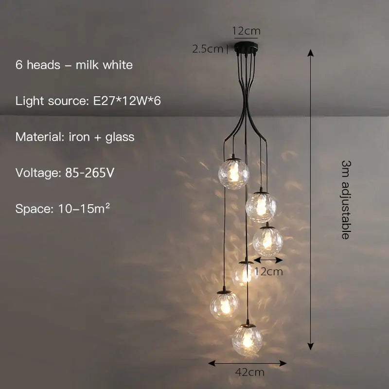 Decorbites glass ball chandelier ceiling pendant with six milk white glass globes and black iron frame for living dining room