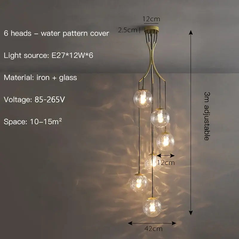 Brass-toned decorbites glass ball chandelier ceiling pendant with six spherical glass bulbs and water-patterned cover