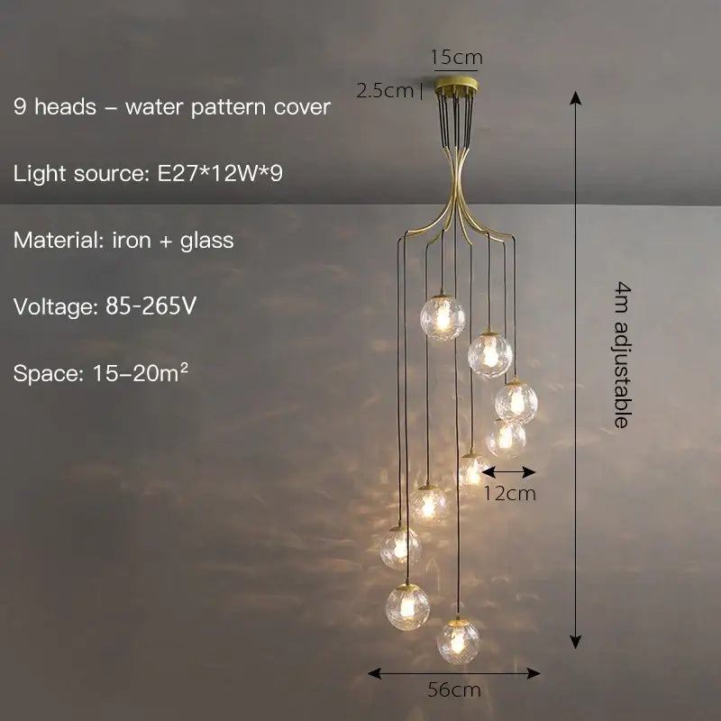 Decorbites glass ball nine-light brass-toned glass ball chandelier ceiling pendant with adjustable iron frame for living room