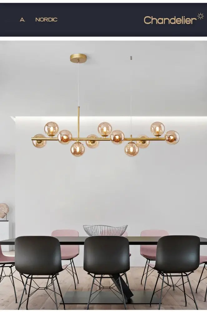 Decorbites™ glass ball chandelier with gold-toned metal and amber glass globes for dining room lighting