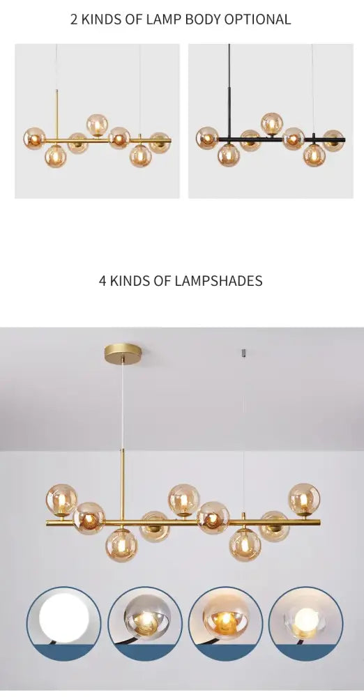 Decorbites™ gold-toned glass ball chandelier with sleek horizontal bar and multiple spherical glass shades for dining room