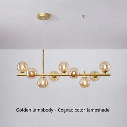 Golden decorbites™ glass ball chandelier with cognac glass ball lampshades and polished brass frame for dining room