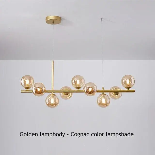 DecorBites™ glass ball chandelier with cognac glass lampshades and polished brass frame for dining room lighting