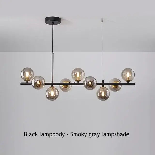 DecorBites™ glass ball chandelier with black metal frame and smoky gray glass globe shades for home lighting