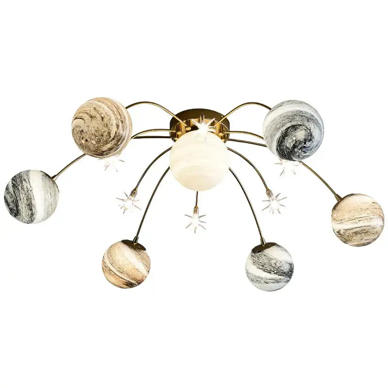 Decorbites glass ball chandelier with six brass-finished planet-inspired beige gray and white glass ball shades for kids room and living room