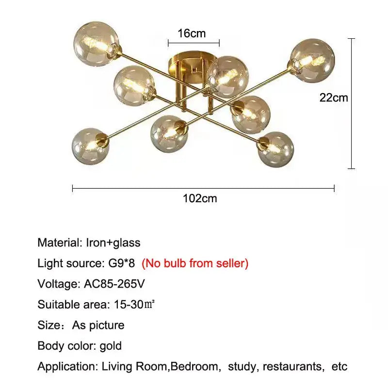 Gold-toned decorbites glass ball chandelier with eight glass bulbs in starburst design for living room and bedroom