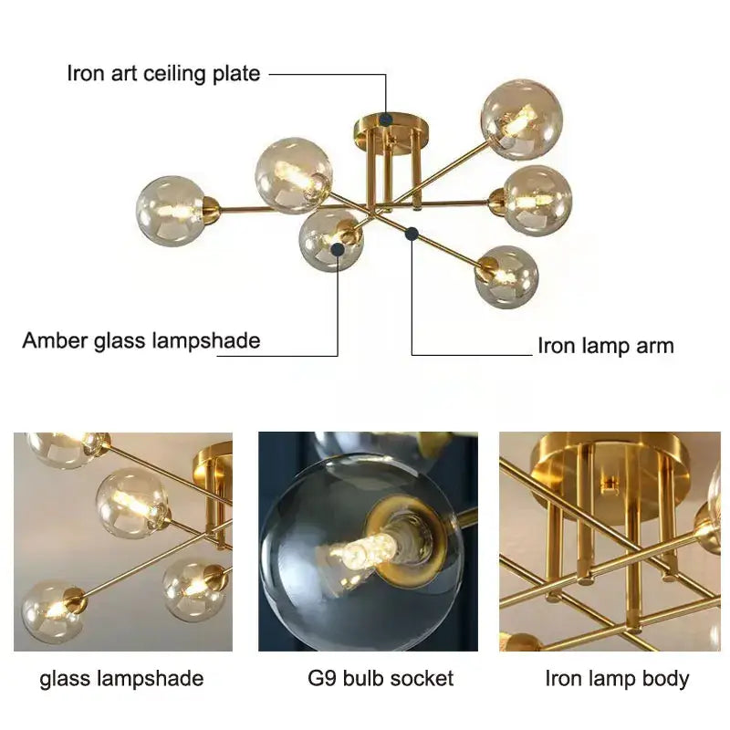 Gold-toned decorbites glass ball chandelier with amber glass lampshades and iron arms for living room and bedroom