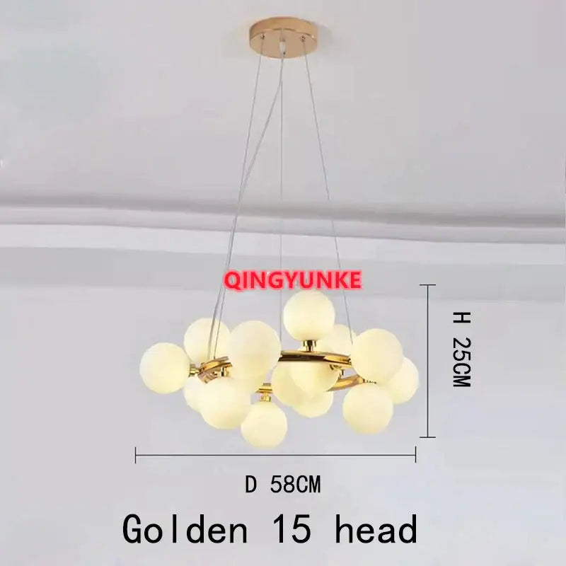 Golden decorbites glass ball chandelier with fifteen frosted glass globes and brass finish for living room lighting