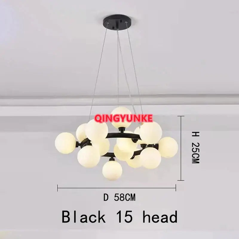 Black 15-head decorbites glass ball chandelier with frosted glass globes and sleek metal frame for modern living room