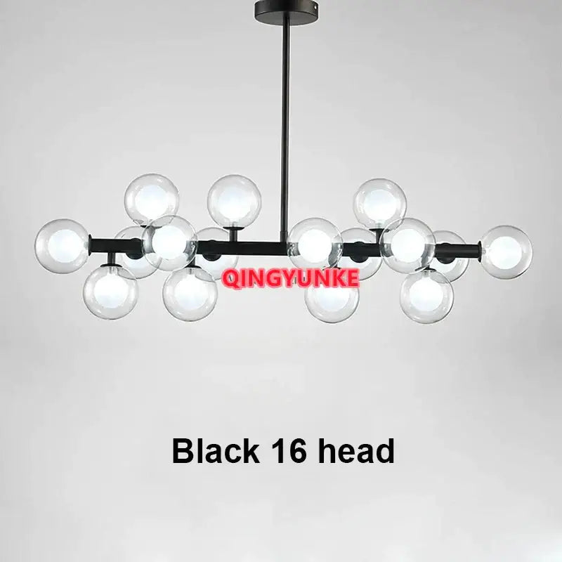 Black DecorBites glass ball chandelier with 16 clear glass globe bulbs for modern living room and kitchen island lighting