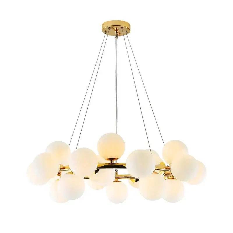 Gold-toned DecorBites glass ball chandelier with multiple frosted glass globe bulbs for modern living room lighting