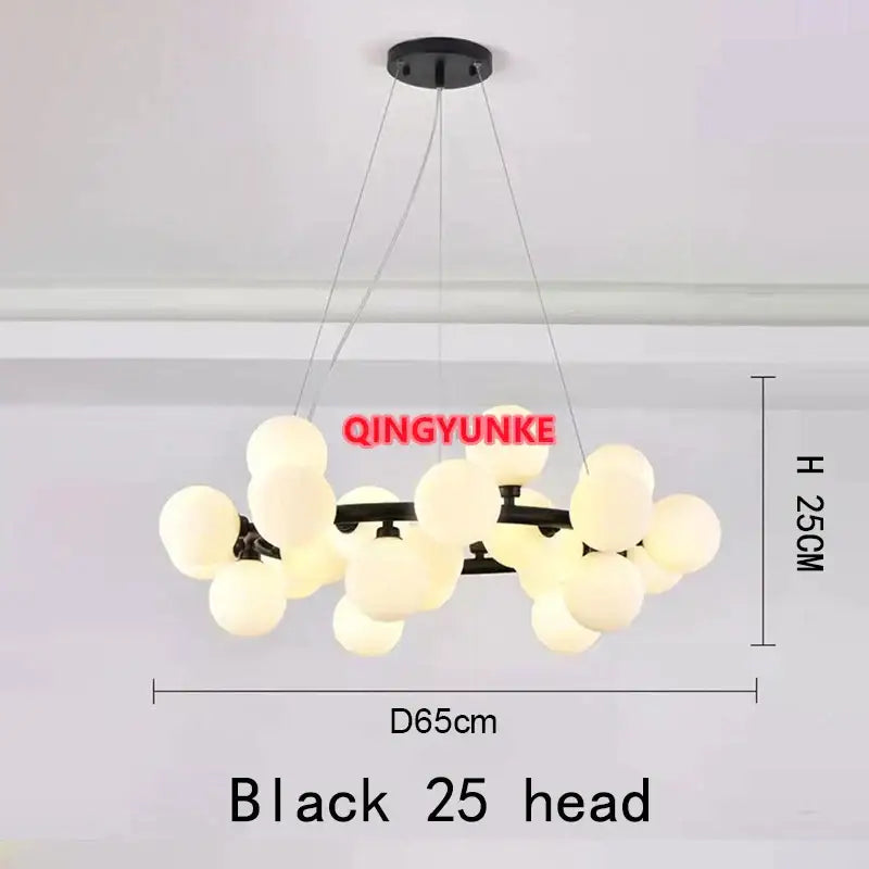 Black modern DecorBites glass ball chandelier with 25 frosted glass globe lights for living room and kitchen island
