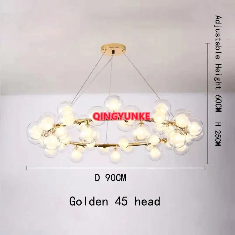 Golden decorbites glass ball chandelier with 45 clear glass globe bulbs in a modern branching design for living room