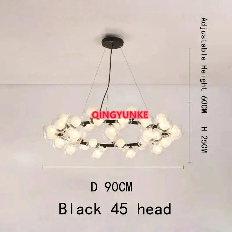 Black modern decorbites glass ball chandelier with 45 frosted glass globe bulbs in circular design for living room