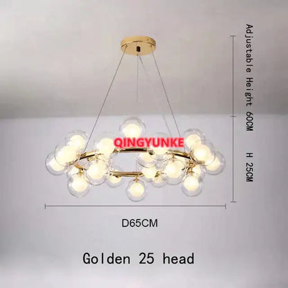 Golden decorbites glass ball chandelier with 25 spherical bulbs in circular pattern for modern living room lighting
