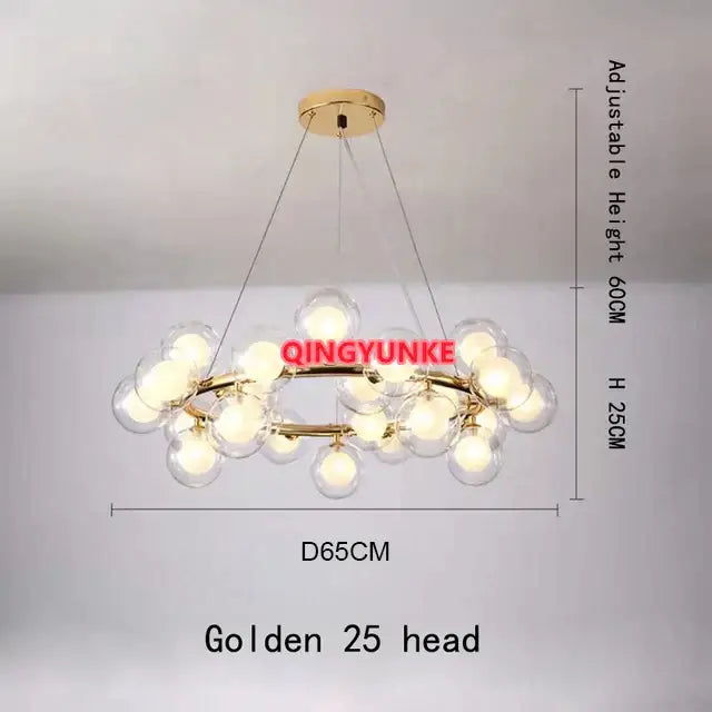 Golden decorbites glass ball chandelier with 25 spherical bulbs in circular pattern for modern living room lighting