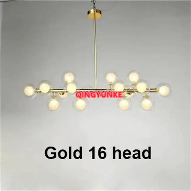 Gold-finished DecorBites glass ball chandelier with 16 spherical glass globe bulbs for modern living room lighting