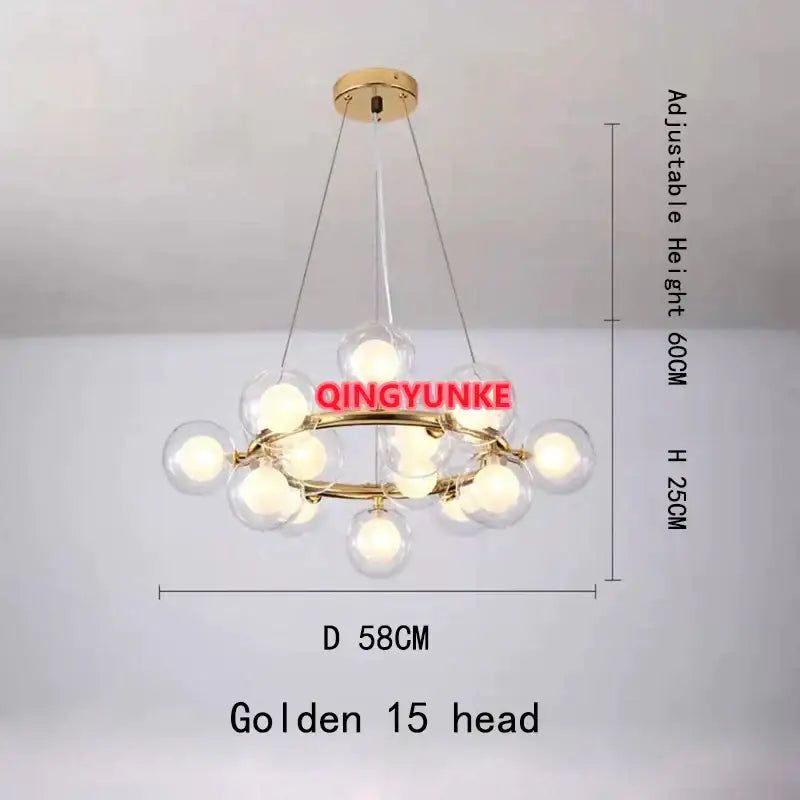 Golden DecorBites glass ball chandelier with fifteen spherical glass bulbs on a brass frame for living room lighting