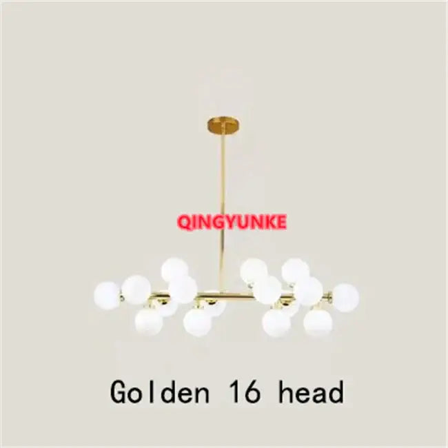 Decorbites glass ball chandelier with 16 white spherical glass bulbs on brass frame for modern living room lighting