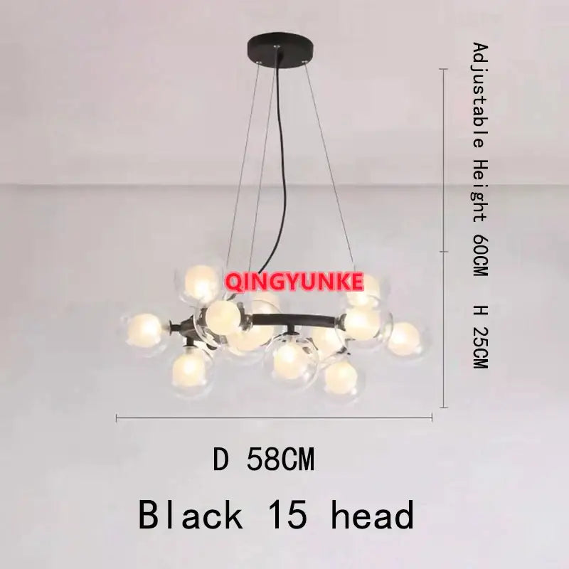 Black modern decorbites glass ball chandelier with 15 clear globe bulbs and sleek metal frame for living room ceiling light