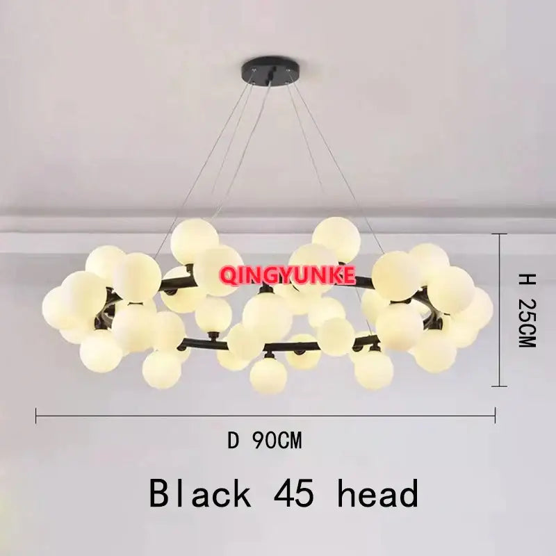 Black metal DecorBites glass ball chandelier with 45 frosted glass globe lights for living room and kitchen island