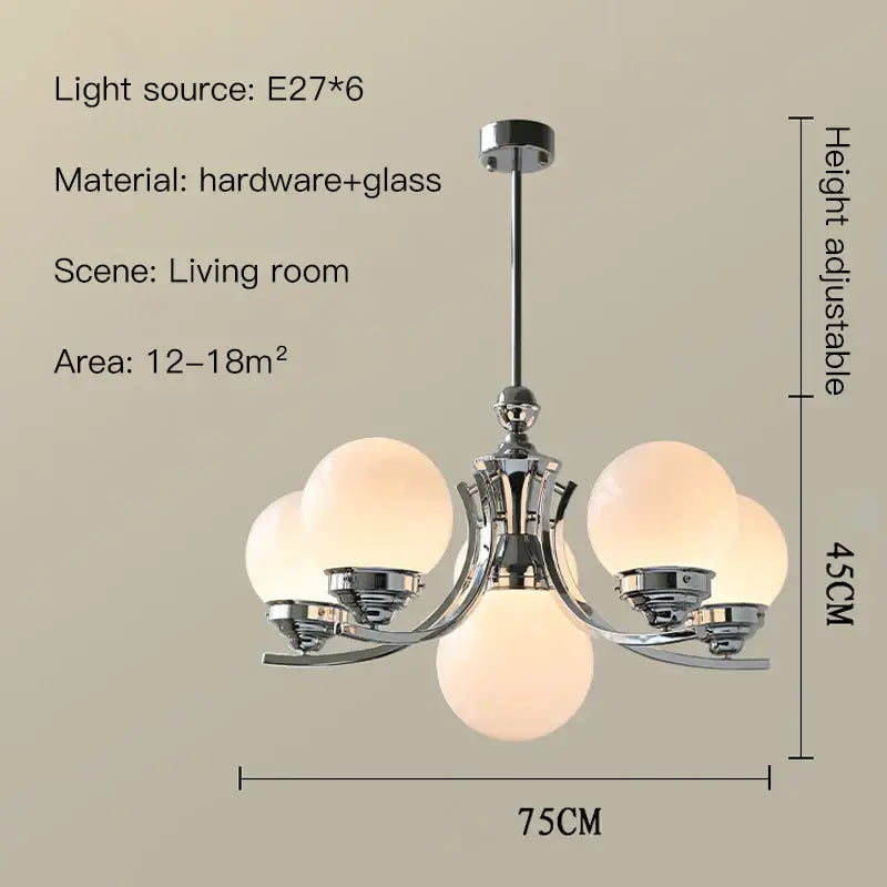 Chrome-finished DecorBites glass ball chandelier with six frosted glass globes for modern room decor