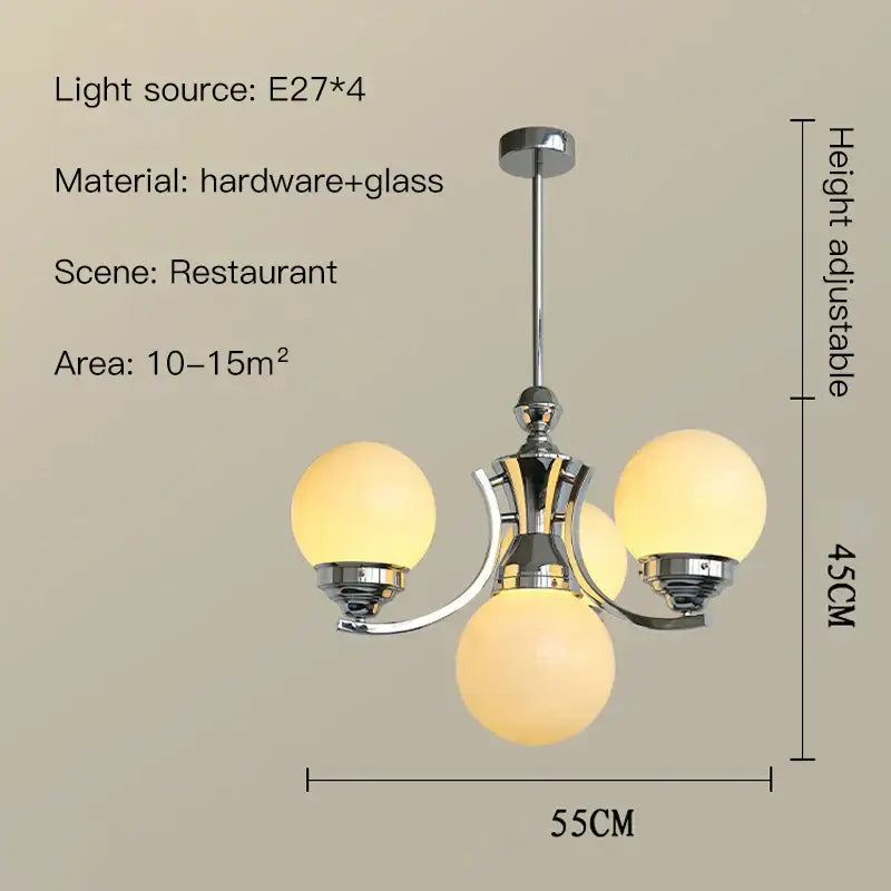 Chrome finished decorbites glass ball chandelier with three frosted glass globe shades for modern room decor