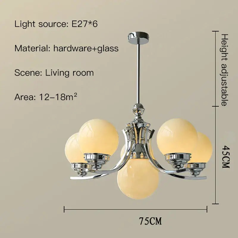 Chrome finished decorbites glass ball chandelier with five frosted glass globe shades for modern room decor