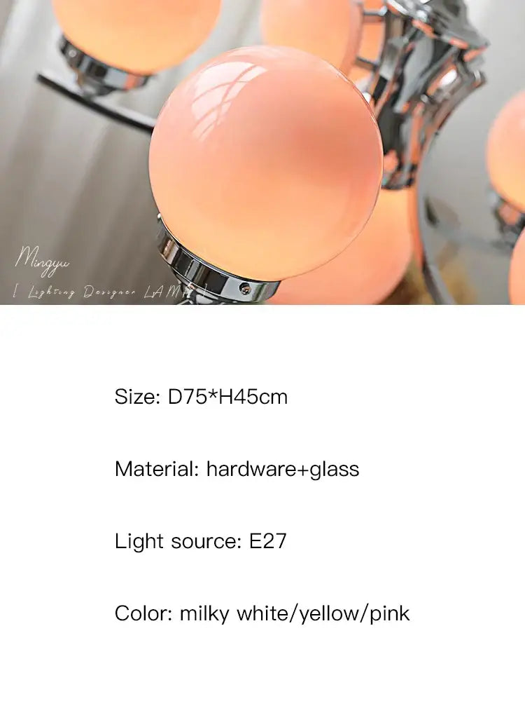 DecorBites glass ball chandelier with milky white yellow and pink glass shades on polished chrome frame for modern decor