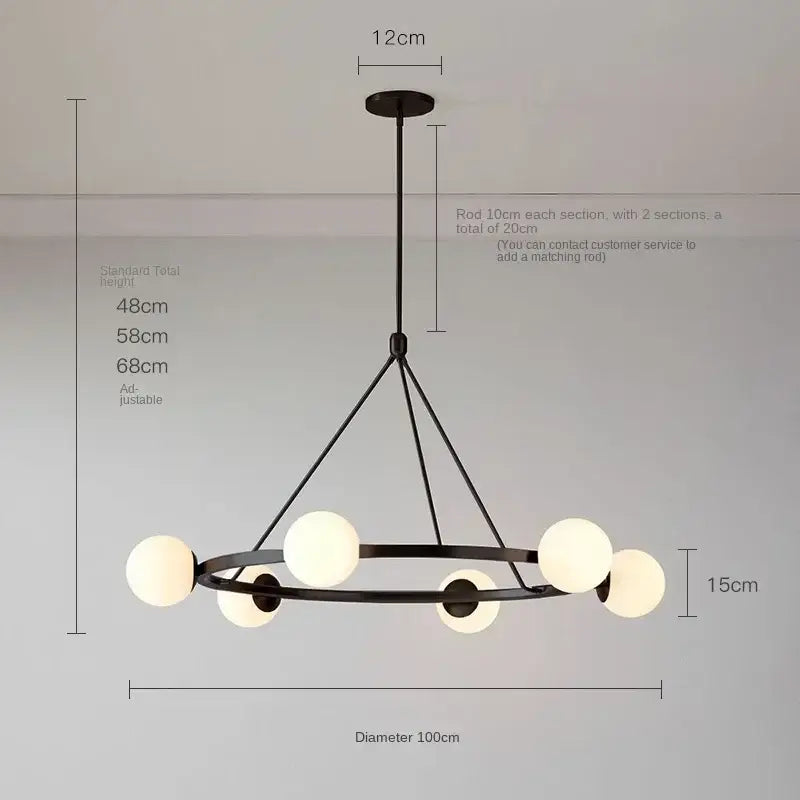 Black metal DecorBites glass ball chandelier with six frosted globe lights pendant light in modern Nordic style