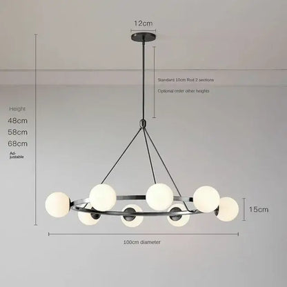 Modern black metal DecorBites glass ball chandelier pendant light with ten frosted white spherical glass bulbs