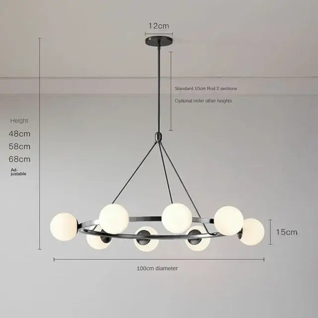 Modern black metal DecorBites glass ball chandelier pendant light with ten frosted white spherical glass bulbs