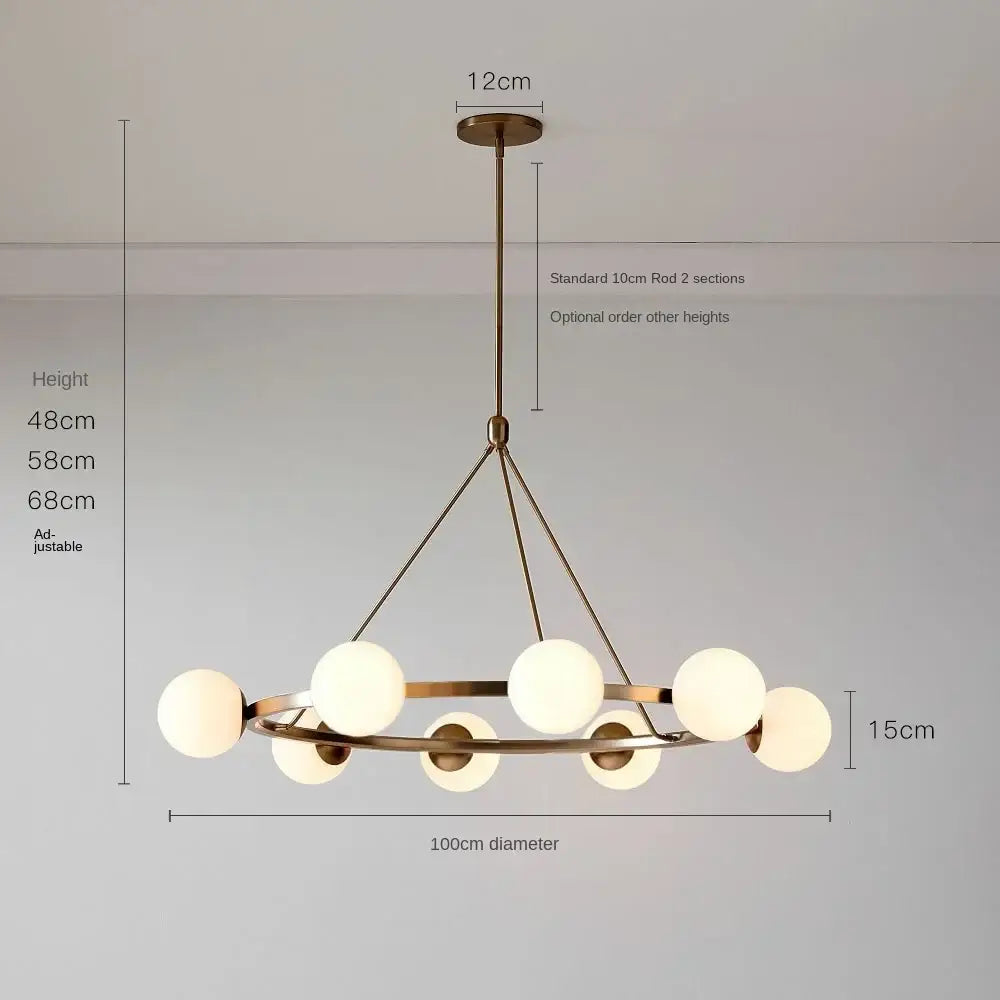 Brass-toned decorbites glass ball chandelier pendant light with circular frame and eight frosted glass globes