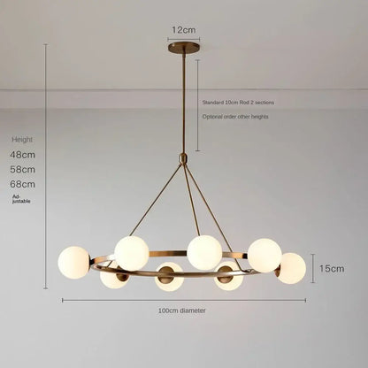 Brass-toned decorbites glass ball chandelier pendant light with circular frame and eight frosted glass globes