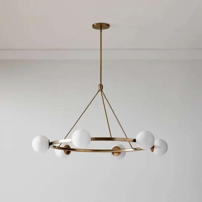 Brass-toned decorbites glass ball pendant light with circular frame and six frosted glass globe lights modern nordic style