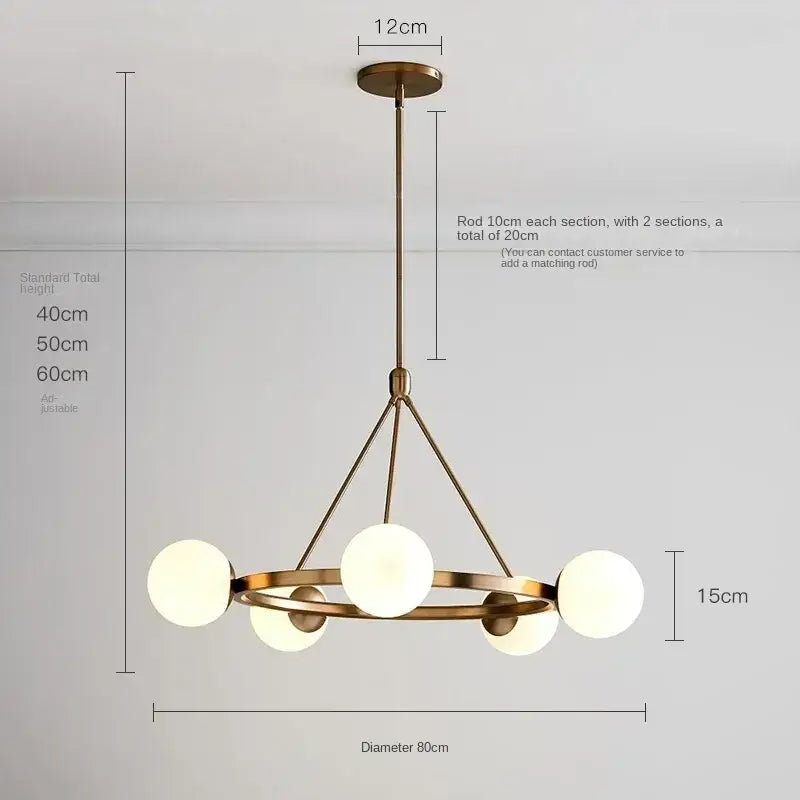 Brass-finished modern DecorBites glass ball chandelier with five frosted glass globes pendant light in circular design